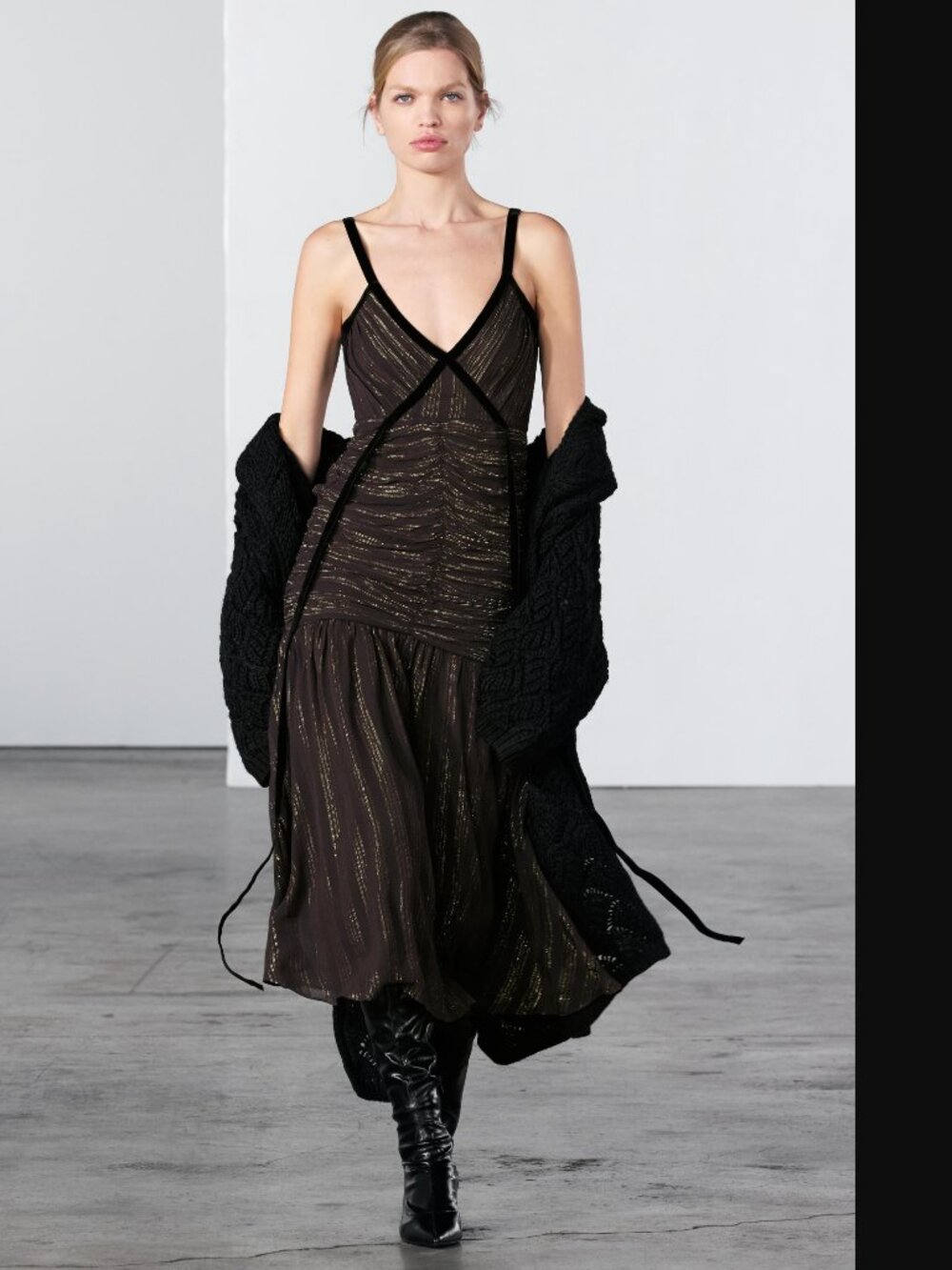 ZARA WOMEN BROWN GOLD STRIPED GATHERED MIDI DRESS SIZE S NWOT